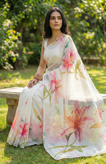 Amthi Women's Cotton Linen Mustard Yellow Floral Print Daily Wear Saree