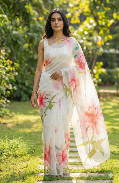 Amthi Women's Cotton Linen Mustard Yellow Floral Print Daily Wear Saree