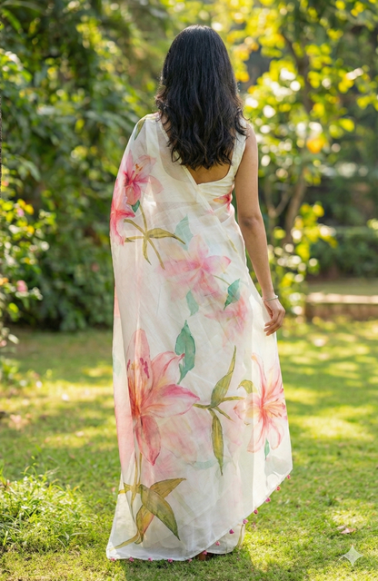Amthi Women's Cotton Linen Mustard Yellow Floral Print Daily Wear Saree