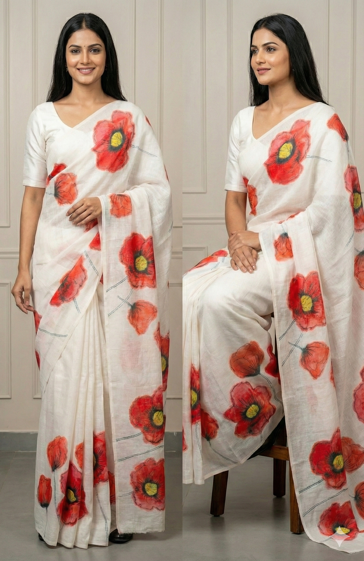 Amthi White Linen Saree with Red Floral Print | Soft Summer Designer Linen Saree for Women