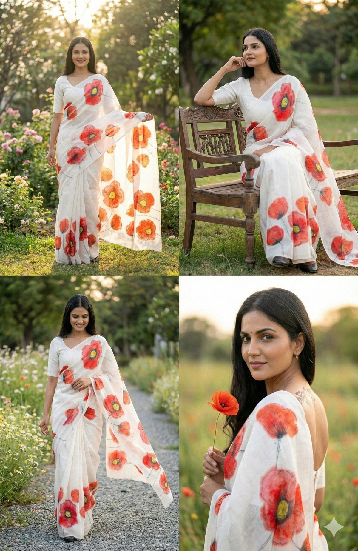 Amthi White Linen Saree with Red Floral Print | Soft Summer Designer Linen Saree for Women