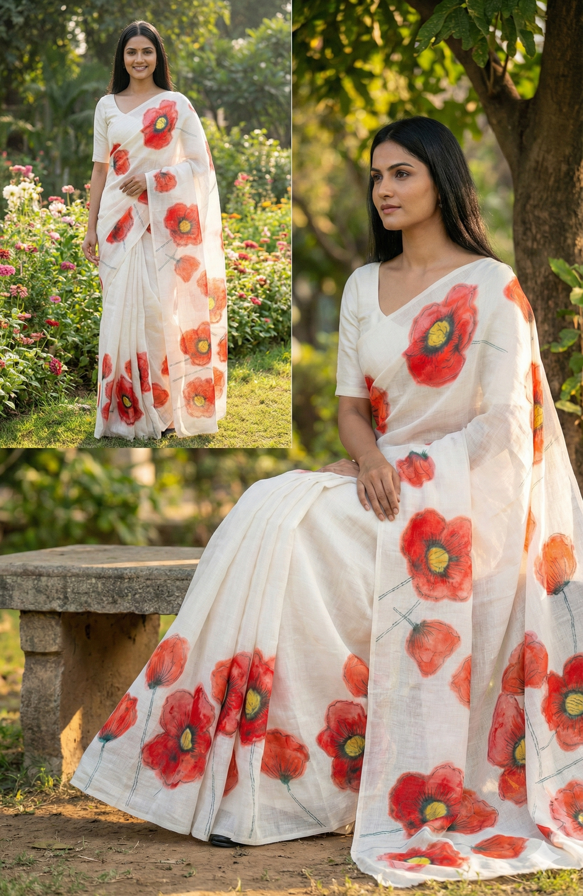 Amthi White Linen Saree with Red Floral Print | Soft Summer Designer Linen Saree for Women