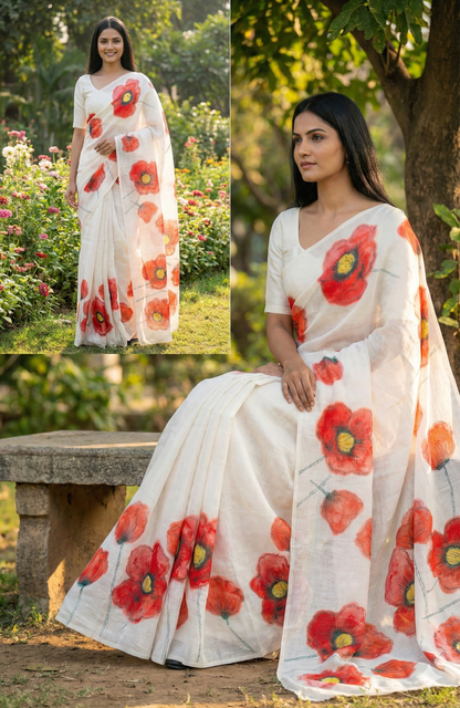 Amthi White Linen Saree with Red Floral Print | Soft Summer Designer Linen Saree for Women