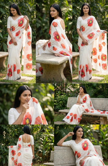 Amthi White Linen Saree with Red Floral Print | Soft Summer Designer Linen Saree for Women