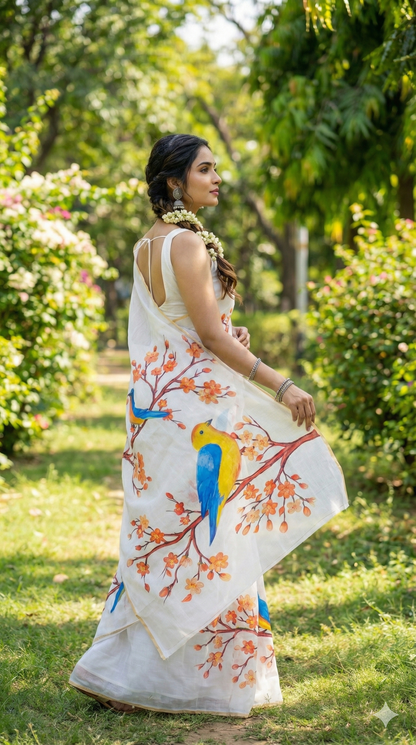 Amthi White Linen Saree with Bird Print – Linen Saree with Unstitched Blouse Piece | Elegant Summer Ethnic Wear for Women