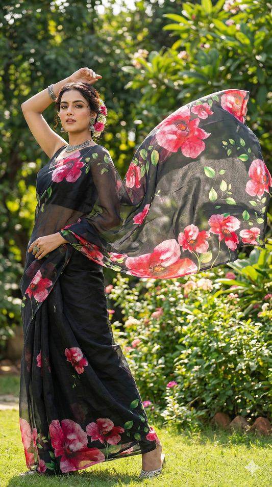 Amthi Black Floral Linen Saree – Daily | Party Wear with Unstitched Blouse