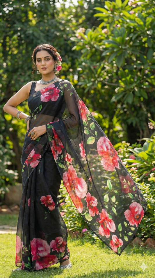 Amthi Black Floral Linen Saree – Daily | Party Wear with Unstitched Blouse