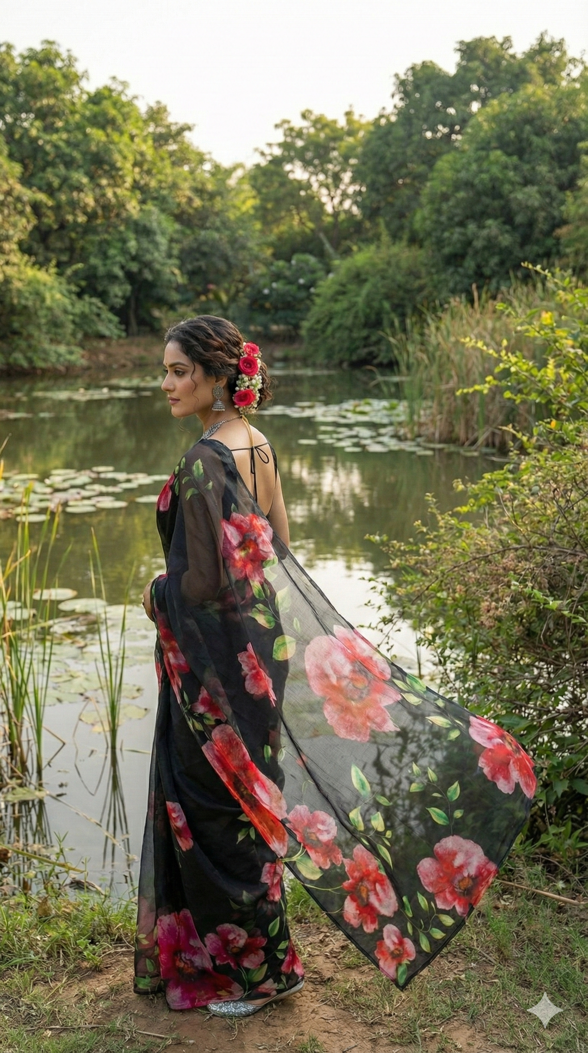 Amthi Black Floral Linen Saree – Daily | Party Wear with Unstitched Blouse