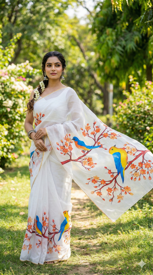 Amthi White Linen Saree with Bird Print – Linen Saree with Unstitched Blouse Piece | Elegant Summer Ethnic Wear for Women
