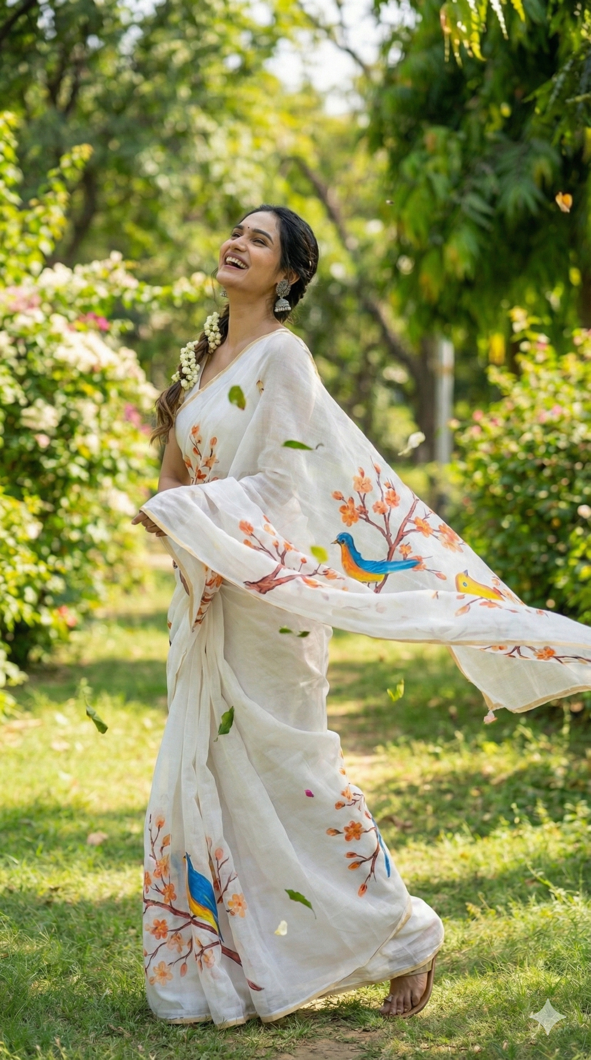 Amthi White Linen Saree with Bird Print – Linen Saree with Unstitched Blouse Piece | Elegant Summer Ethnic Wear for Women