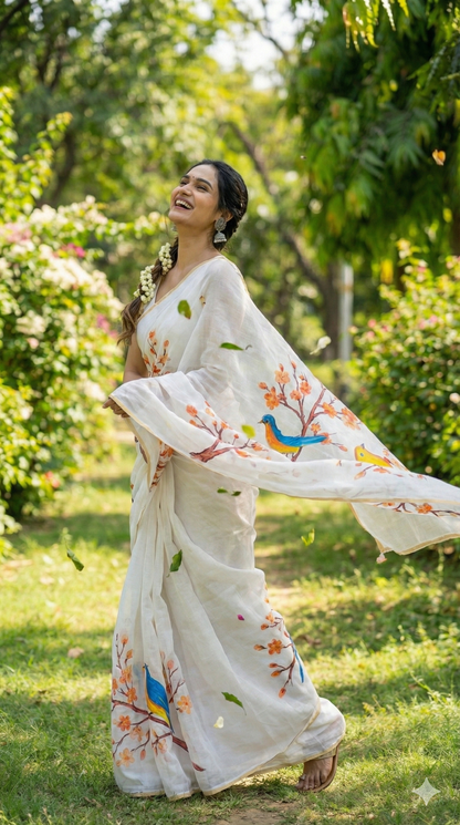 Amthi White Linen Saree with Bird Print – Linen Saree with Unstitched Blouse Piece | Elegant Summer Ethnic Wear for Women