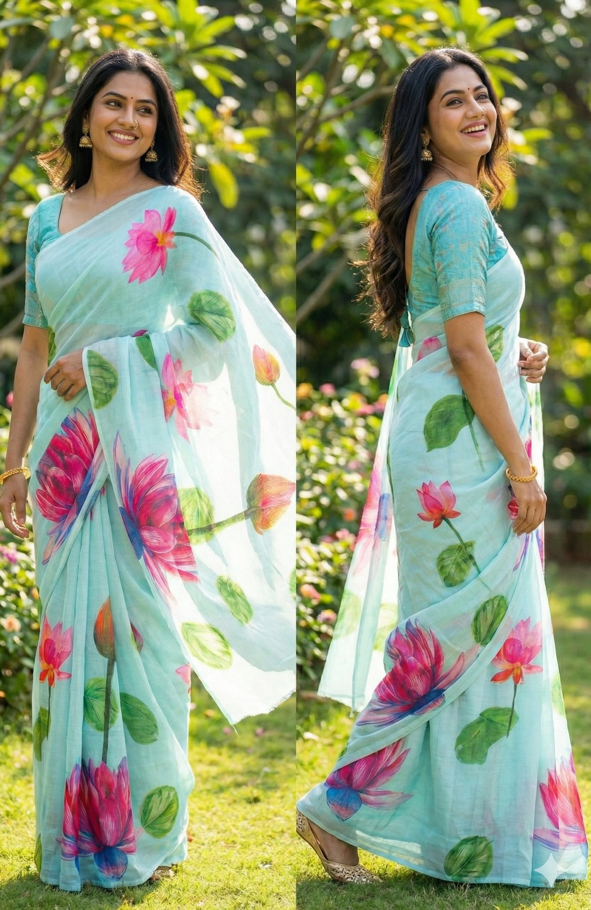 Amthi Aqua Blue Linen Lotus Print Saree with Unstitched Blouse – Lightweight Summer Saree