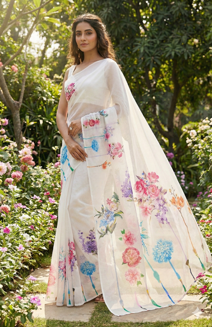 Amthi White Floral Linen Saree – Soft Lightweight Summer Party Wear