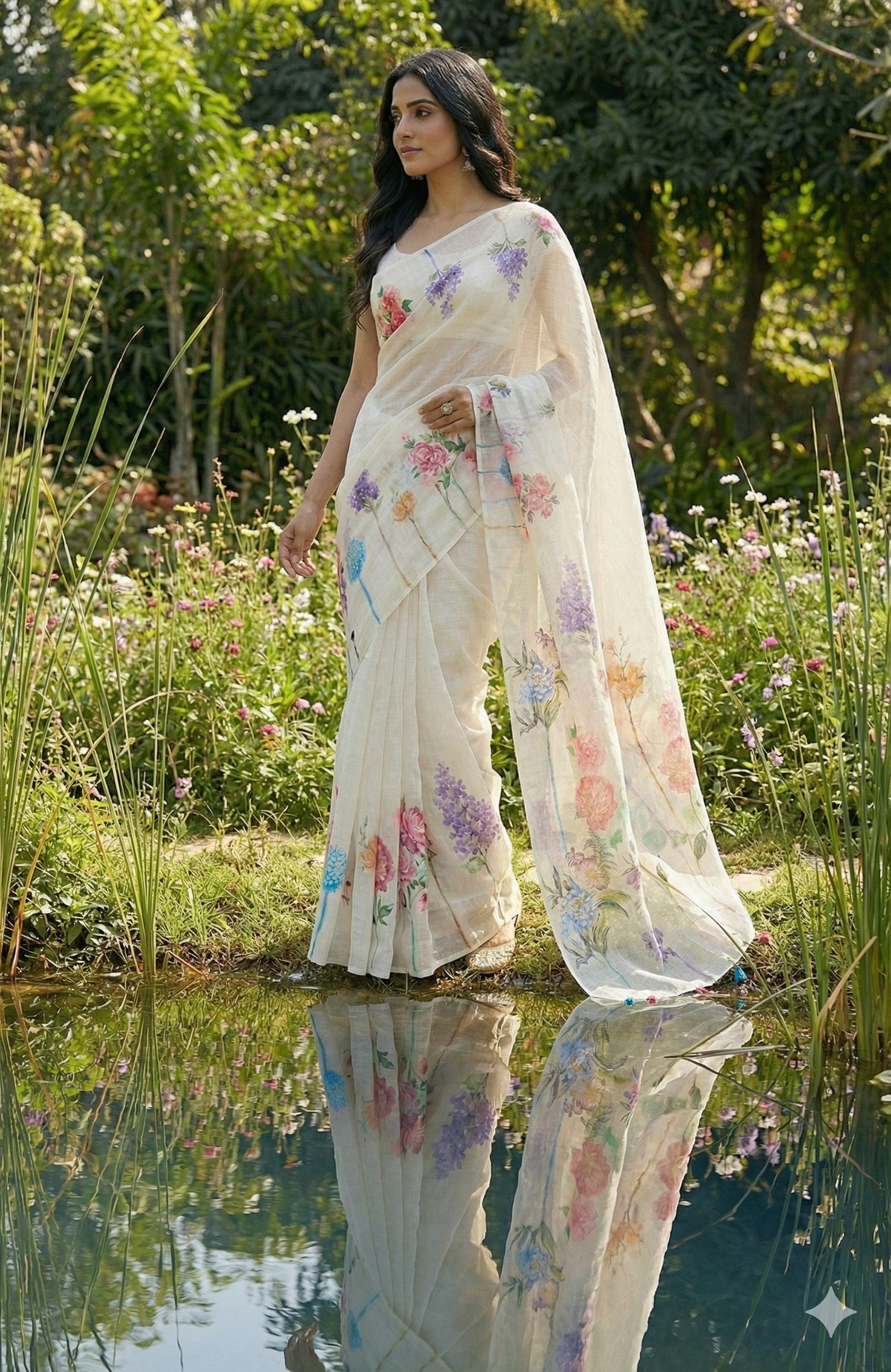 Amthi White Floral Linen Saree – Soft Lightweight Summer Party Wear