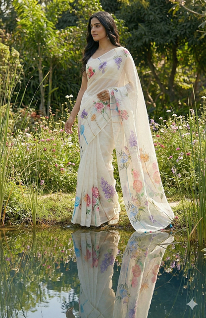 Amthi White Floral Linen Saree – Soft Lightweight Summer Party Wear