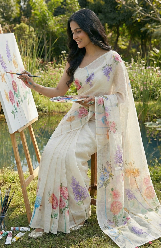 Amthi White Floral Linen Saree – Soft Lightweight Summer Party Wear