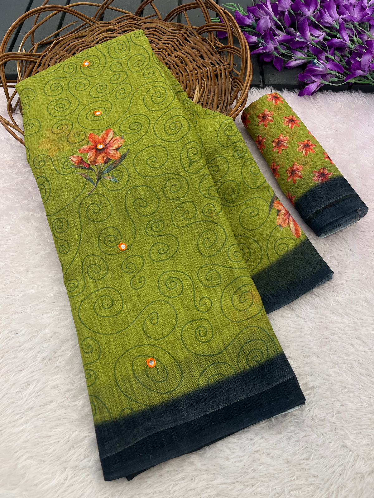Amthi Linen Mehndi Green Swirl Floral Digital Print Tassel Pallu Saree