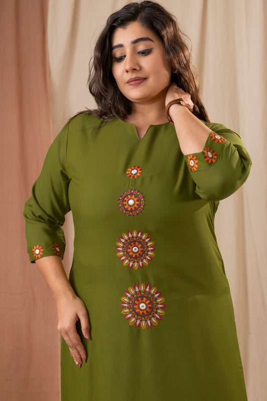Amthi Women Olive Green Rayon Embroidered Straight Kurta Pant Set with Pocket
