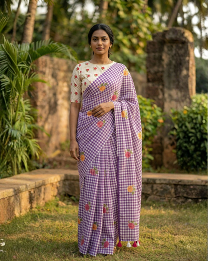 Amthi Purple Floral Checked Linen Saree with Contrast White Blouse