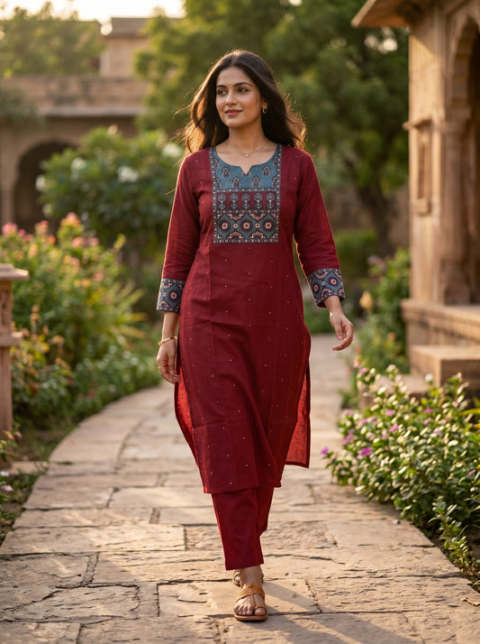 Anthi Maroon Linen Sequin Work Kurta Set for Women