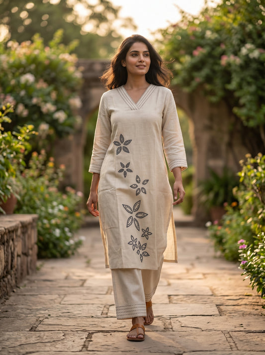 Amthi Off-White Cotton Linen Kurta Set with Thread Embroidery, Kantha Stitch & Side Pocket Pant