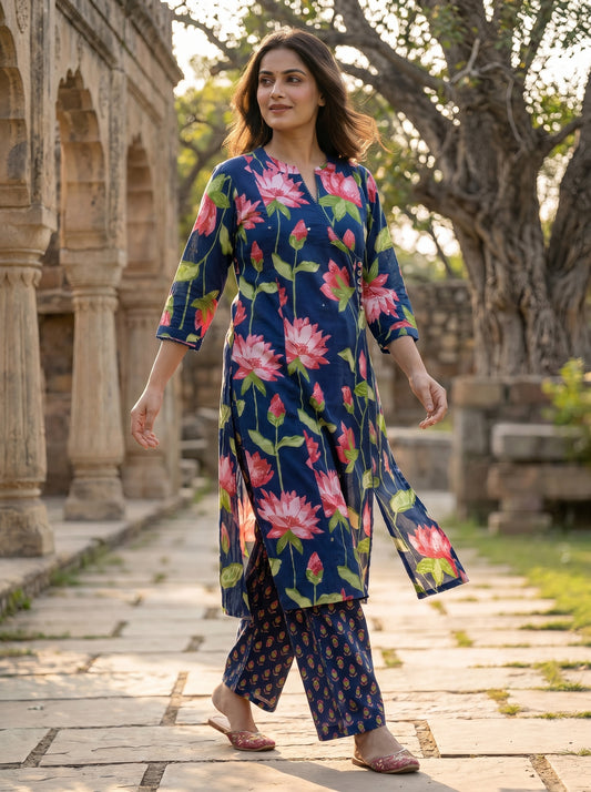 Amthi Navy Blue Lotus Floral Cotton Kurta Set for Women | Lace & Sequin Detail