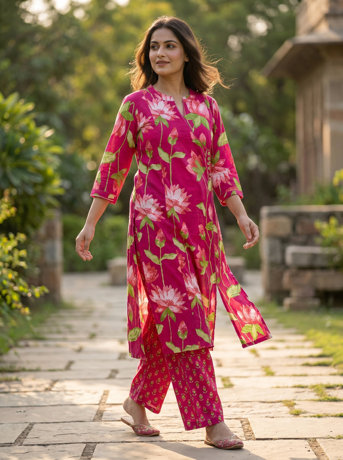 Amthi Pink Lotus Floral Print Pure Cotton Kurta Set | 2-Piece Women's Ethnic Wear