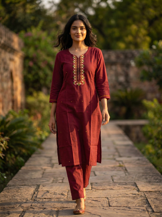 Amthi Maroon Pure Linen Embroidered Kurta Set | Mirror Work & Floral Thread Yoke