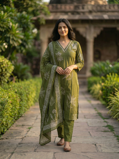 Amthi Women's Olive Green  Botanical Printed Pure Cotton Straight Kurta with Trousers Set