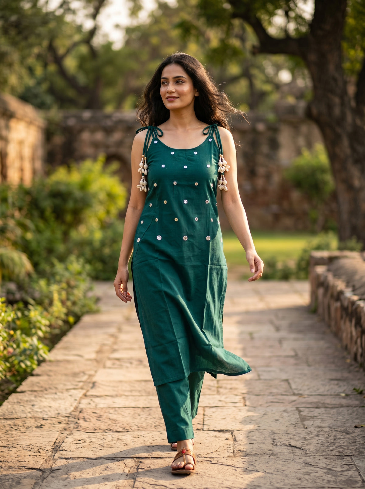 Amthi Bottle Green Linen Co-Ord Set for Women | Cowrie Shell Tassel Dori Kurta Set