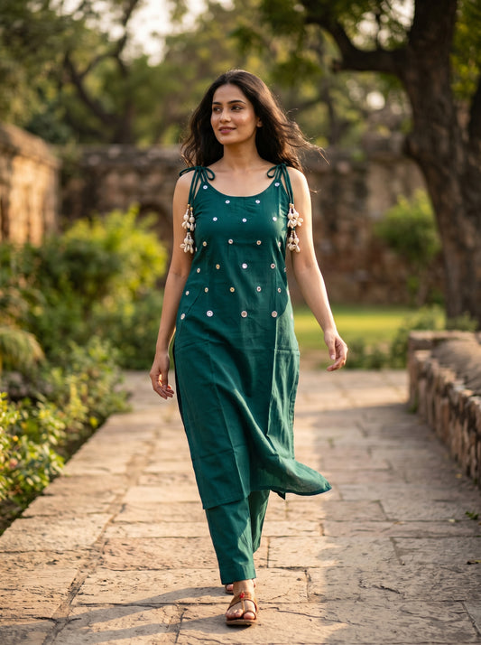Amthi Bottle Green Linen Co-Ord Set for Women | Cowrie Shell Tassel Dori Kurta Set