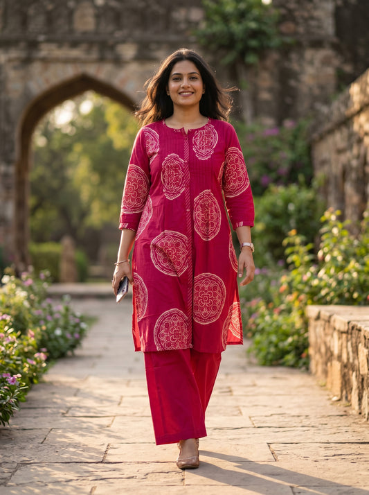 Amthi Women's Rani Pink Cotton Bandhani Print Kurta Pant Set