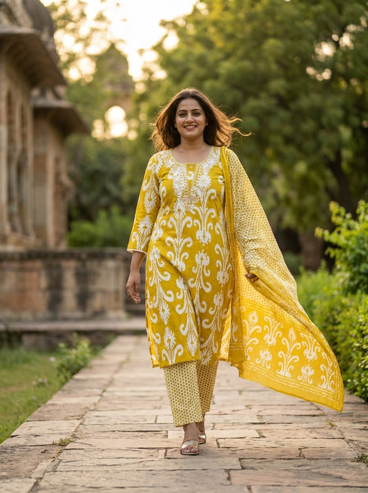 Amthi Yellow Ikat Print Cotton Suit Set for Women | 3 Piece Suit with Dupatta