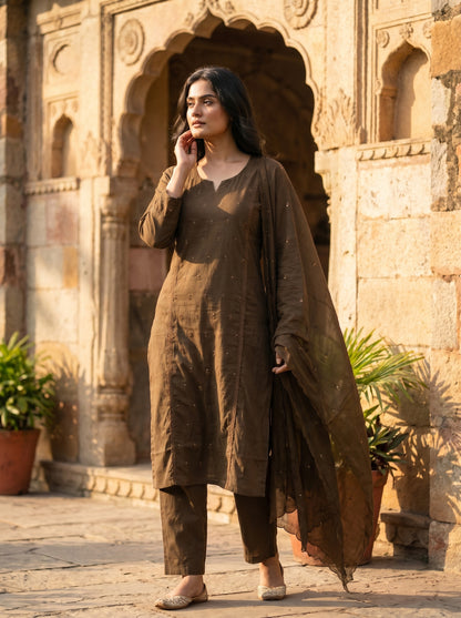Amthi Women Brown Pure Cotton 3-Piece Set  Floral Butta Lace Work | Festive Ethnic Wear