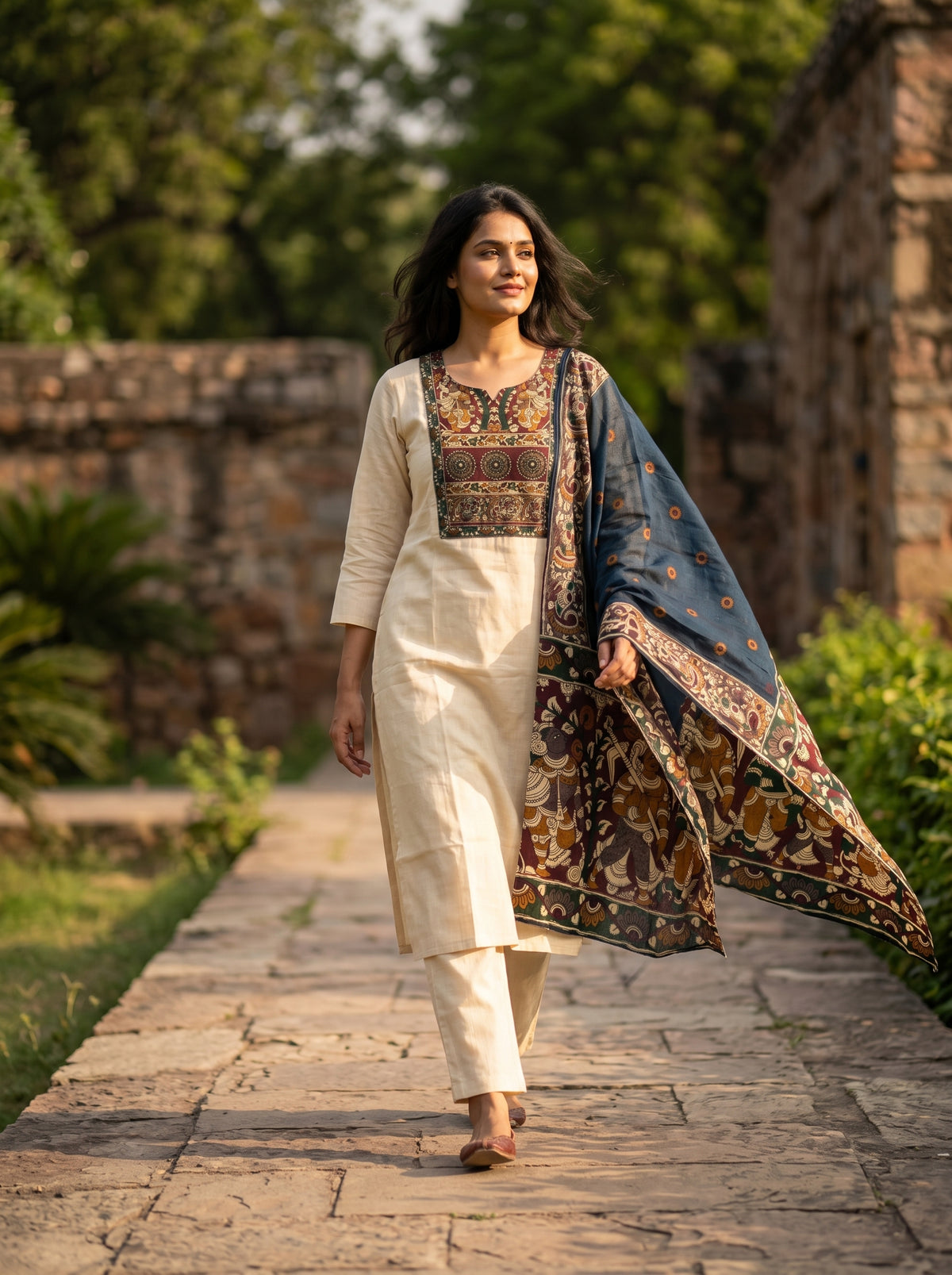 Amthi Off White Pure Linen Kalamkari Print 3-Piece Suit Set for Women
