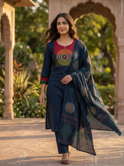Amthi Navy Blue Pure Cotton Mandala Embroidered Suit Set | 3-Piece Kurta Pant Dupatta