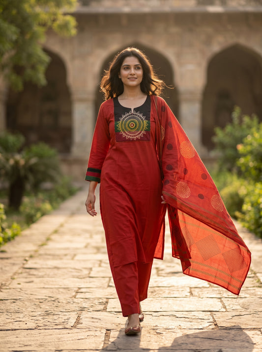 Amthi Rust Pure Cotton Embroidered Suit  | 3-Piece Kurta Pant Dupatta
