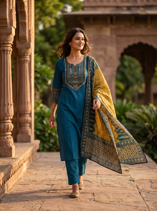 Amthi Teal Pure Linen Embroidered Suit Set | Sequin & Block Print Yoke