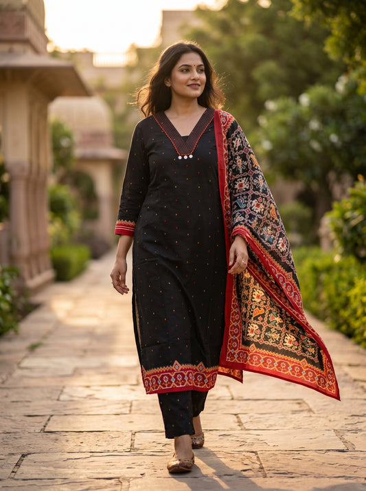 Amthi Women's Black Patola Print Pure Cotton Suit Set