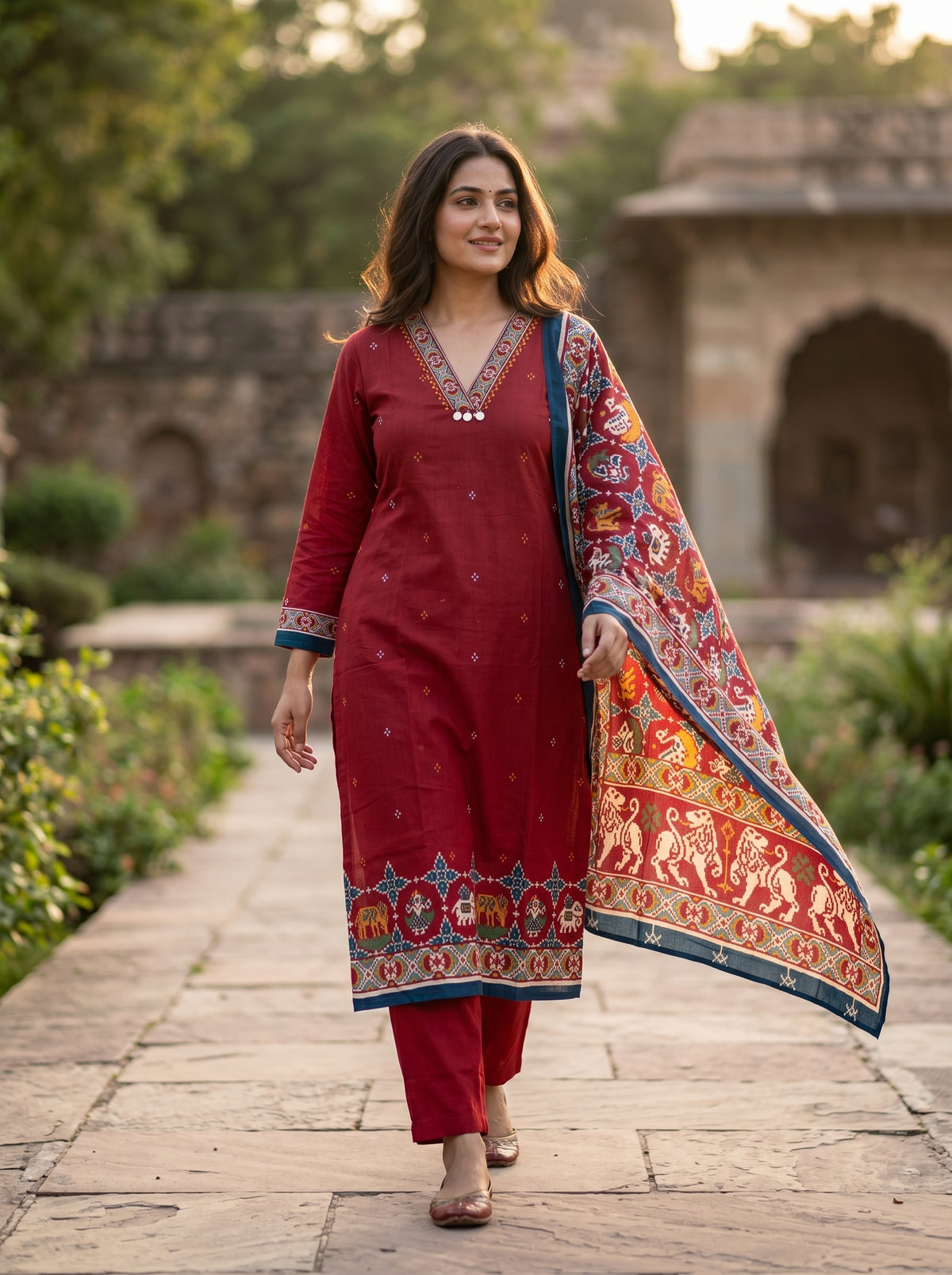 Amthi Red Pure Cotton Patola Print Kurta Set for Women | Festive & Casual Wear