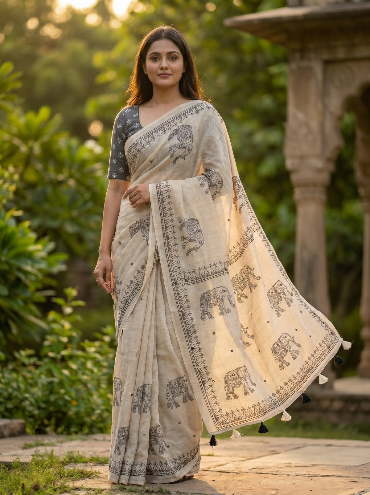 Amthi Off White Pure Linen Saree with Elephant Block Print, Mirror Work & Tribal Border