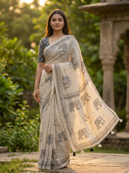 Amthi Off White Pure Linen Saree with Elephant Block Print, Mirror Work & Tribal Border