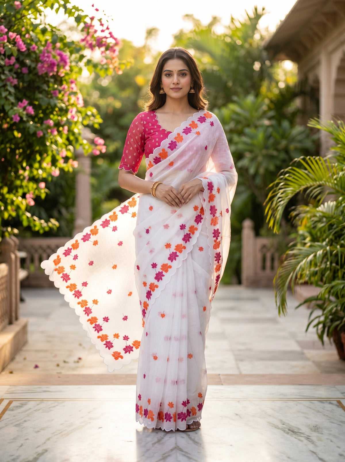 Amthi White Linen Saree with Lotus Floral , Gold Zari Aari Embroidery & Scallop Cut Border