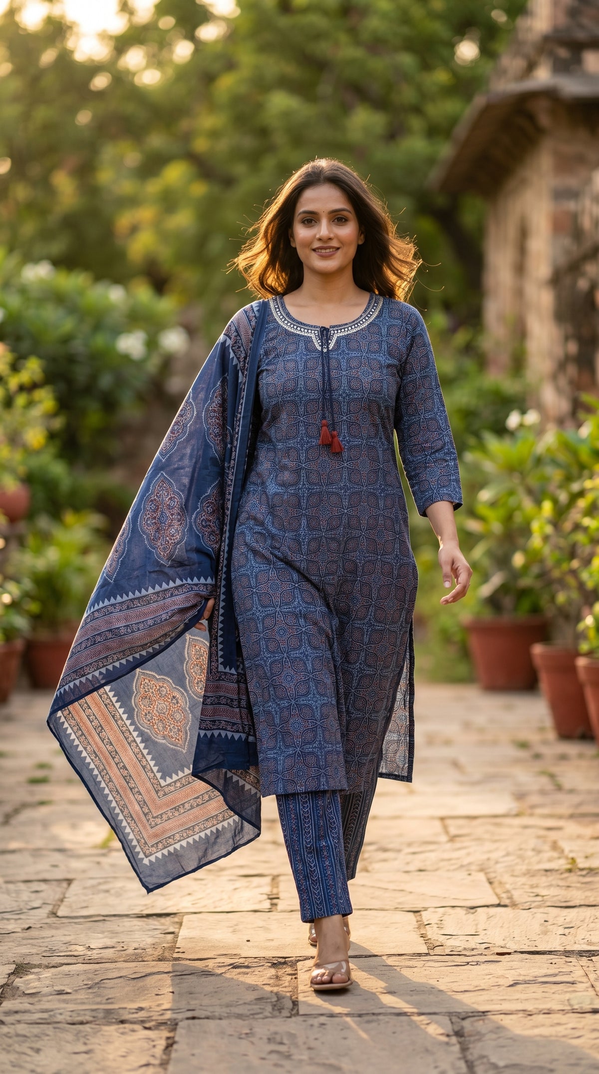 Amthi Women's Blue Ajrakh Printed Pure Cotton Kurta with Trousers & Dupatta Set
