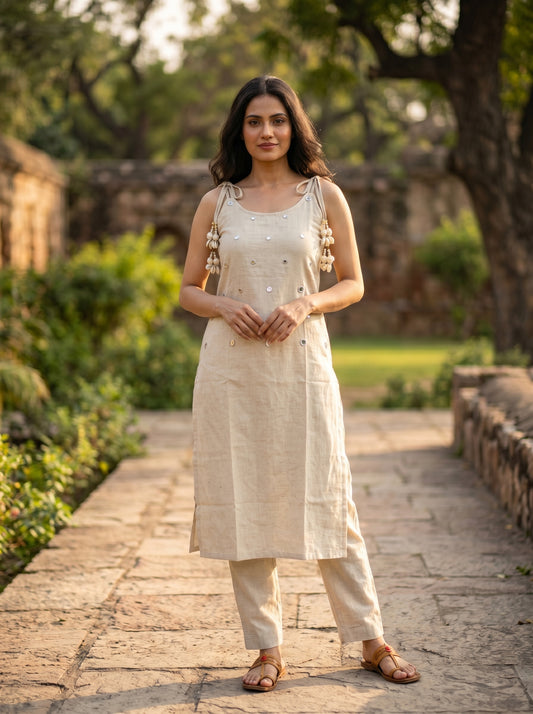 Amthi Off-White Linen Kurta Set for Women | Mirror Work & Cowrie Shell Dori Co-ord Set