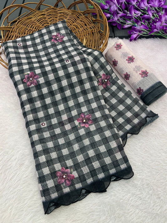 Amthi Linen Amthi Black Check Floral Mirror Work Cutwork Border Saree For Women