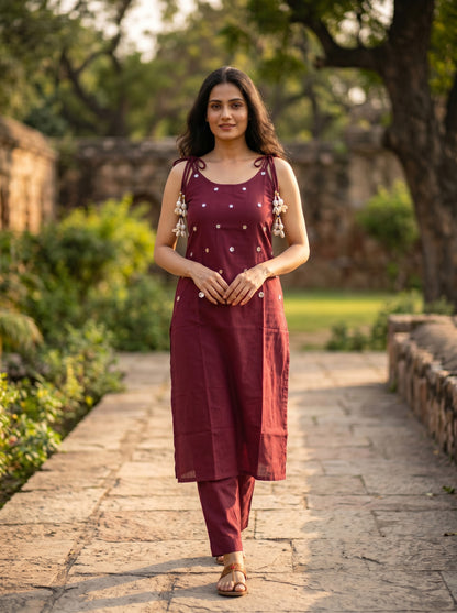 Amthi Wine Linen Straight Co-Ord Set Mirror Work & Cowrie Shell Tassel Dori