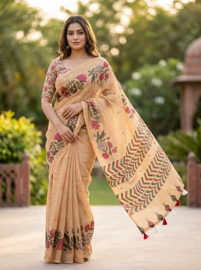 Amthi Linen Saree with Running Blouse Piece | Floral Digital Print| Tassel Pallu