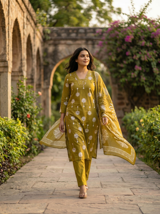 Amthi Women's Mustard Yellow Ethnic Motifs Printed Pure Cotton V-Neck Straight kurta set