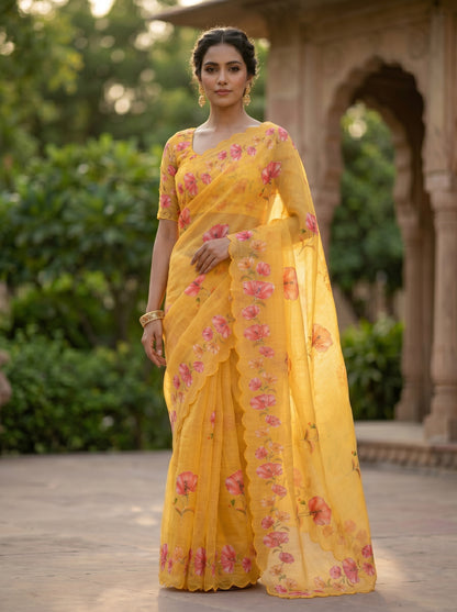 Amthi Yellow Linen Saree with Pink Poppy Floral, Gold Zari Aari Embroidery & Scallop Cut Border